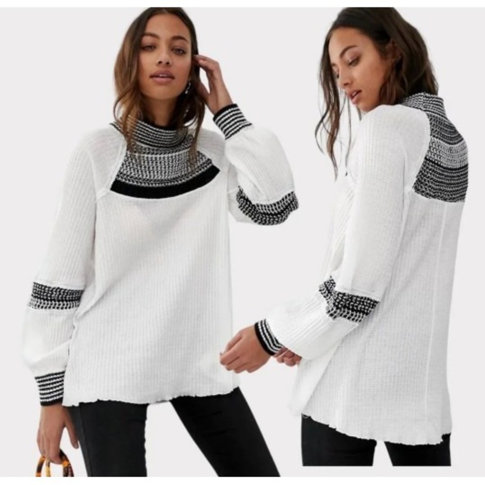 Free People Snow Day Tunic Top Black White Thermal Knit Crochet Small